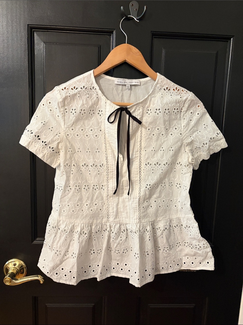 English Factory White Eyelet Peplum Blouse with Pintuck Front